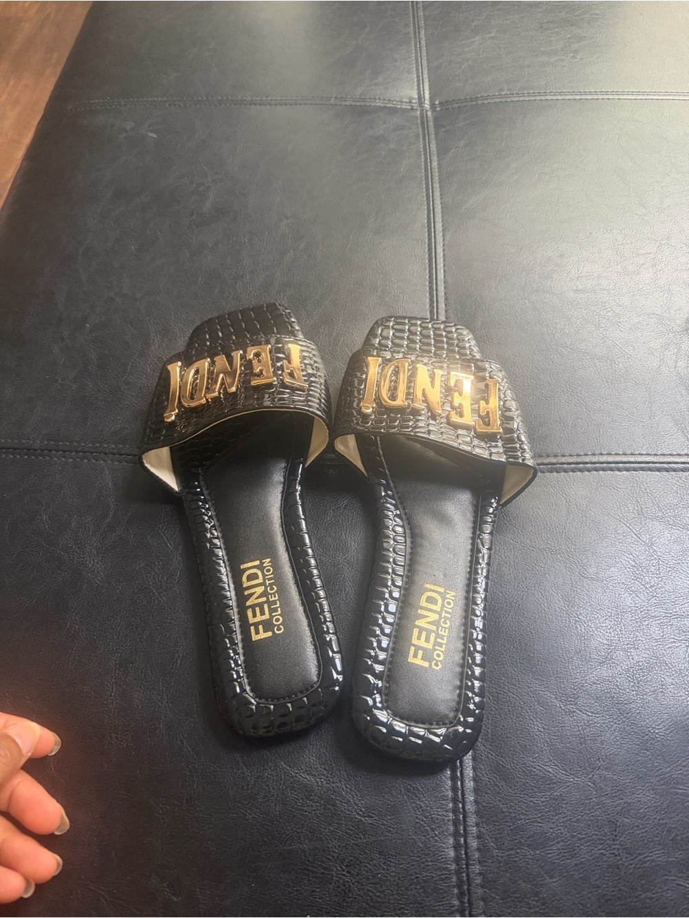 Black women Slide Sandals with Gold Logo Plaque